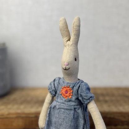 Maileg Small Rabbit Denim Dress Floral Detail - Older Style Bunny Retired 2010