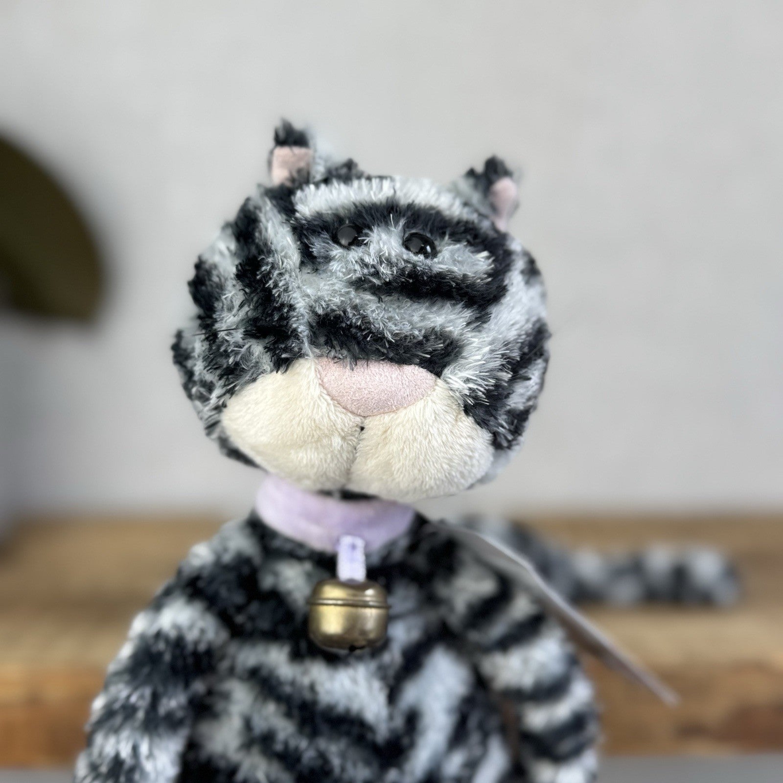 Jellycat Miaow Bella Expresso Cat - Grey/Black Striped Cat Collar With Bell 12"