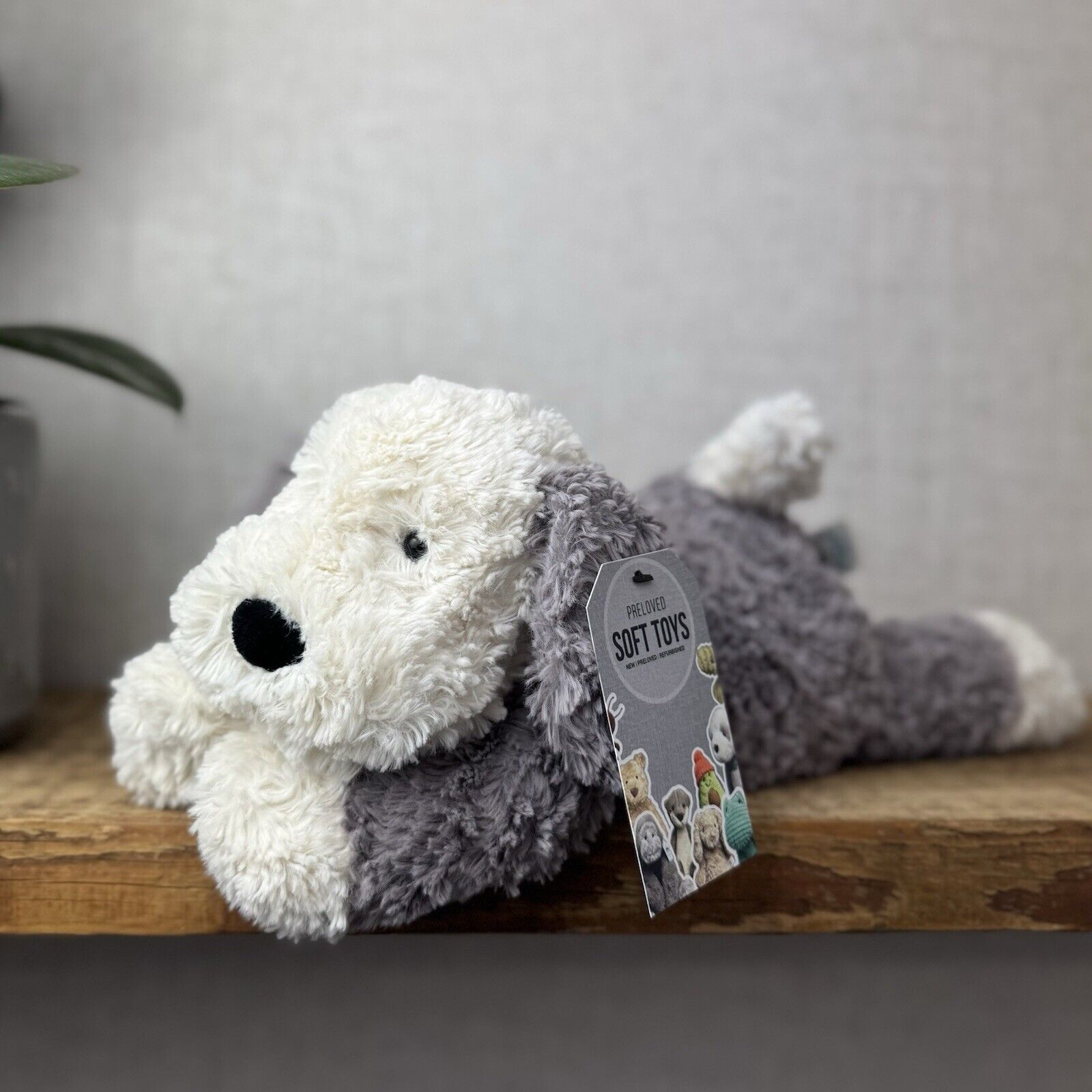 Jellycat Tumblie Sheepdog Grey & White Puppy Dog Soft Toy Plush - Laying Dog 12"