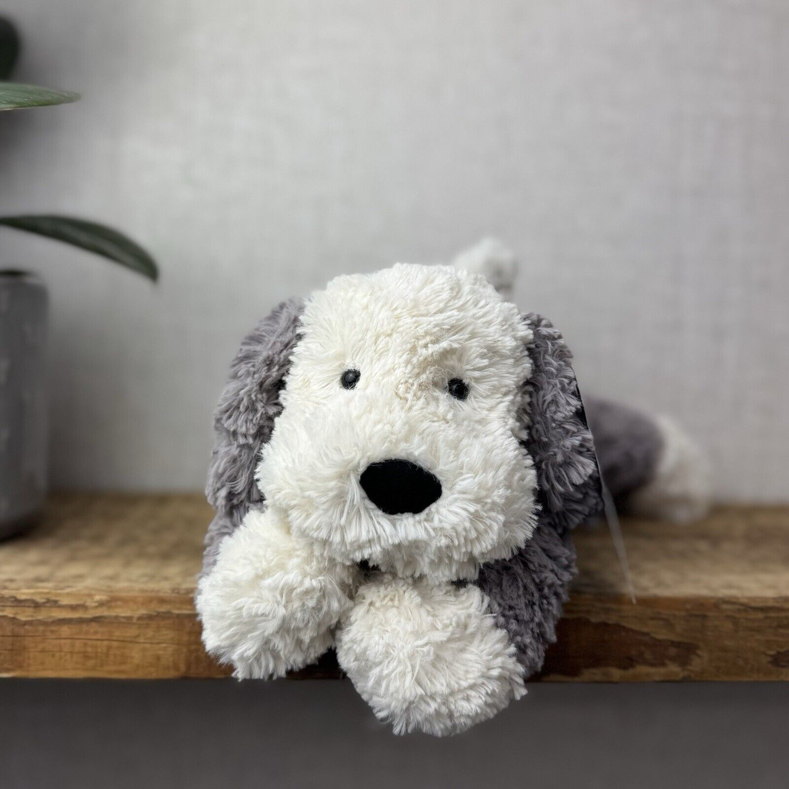 Jellycat Tumblie Sheepdog Grey & White Puppy Dog Soft Toy Plush - Laying Dog 12"