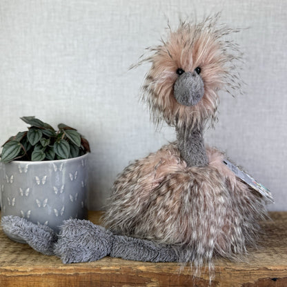Jellycat Medium Odette Ostrich - Fluffy Pink/Grey Mix Beanie Bird Toy 18"