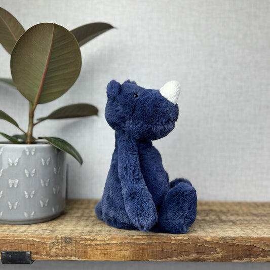 Jellycat Medium Navy Bashful Rhino - Medium Rhino Dark Blue Sitting Beanie Plush