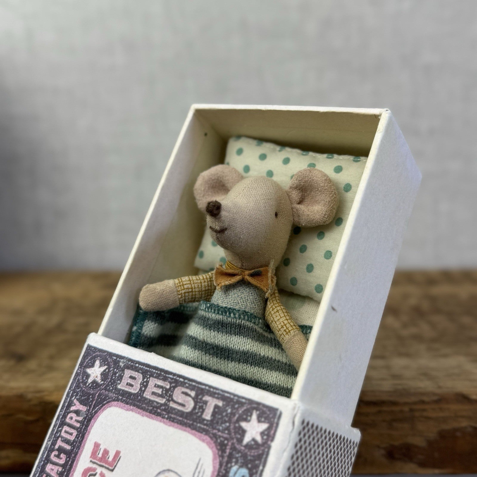 Maileg Little Brother In Matchbox - Retired 2019 - Little Brother With Bow & Bed