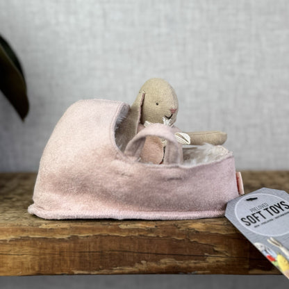 Maileg Baby Rabbit Bunny With Fluffy Pink Carrycot - Retired Rare Pristine Mini