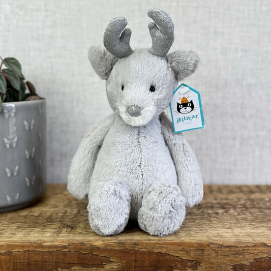 Jellycat Bashful Sparkle Reindeer - Silver/Grey Sparkly Deer Christmas Soft Toy