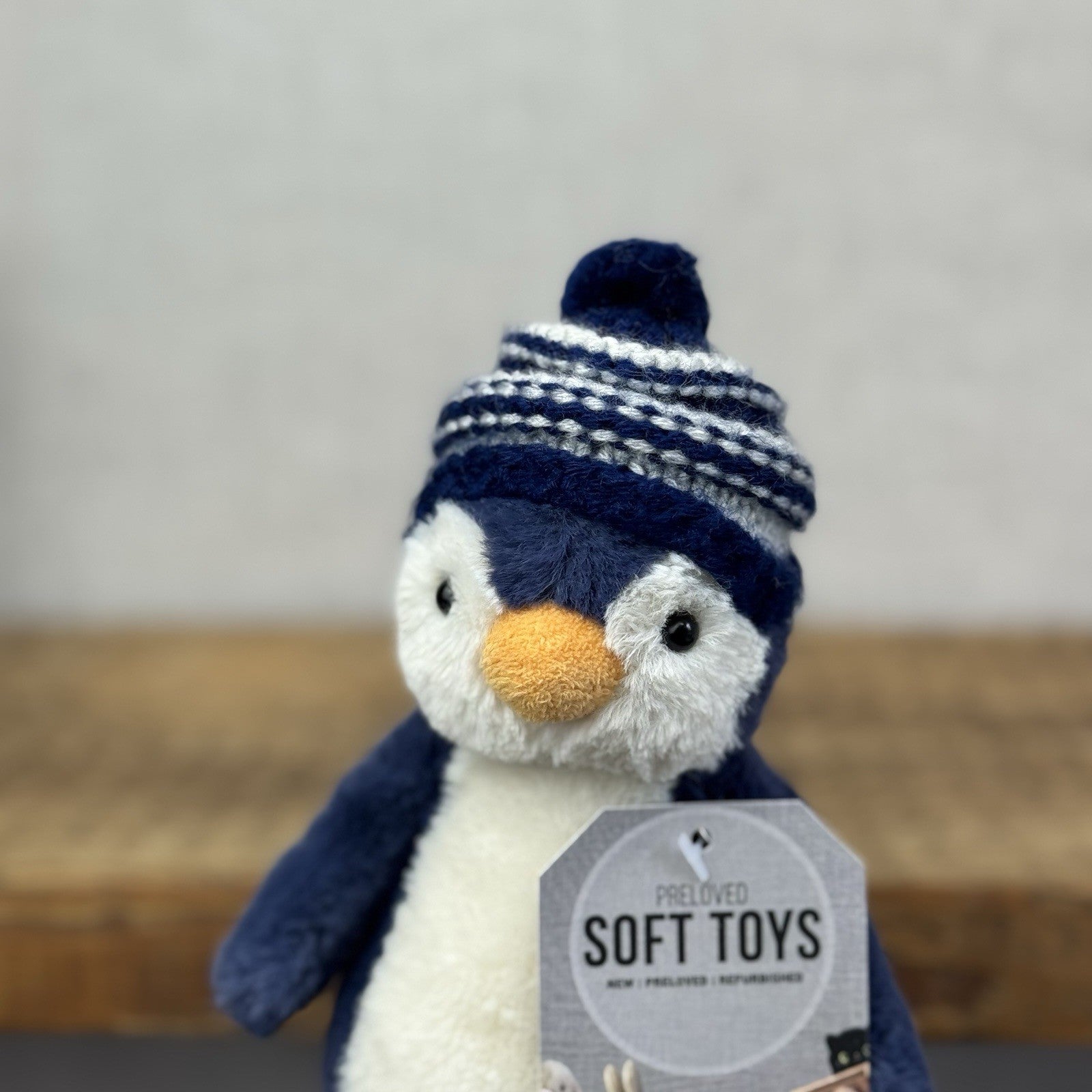 Jellycat Small Bashful Navy Bobble Hat Penguin - Blue Penguin Stripe Hat 8”