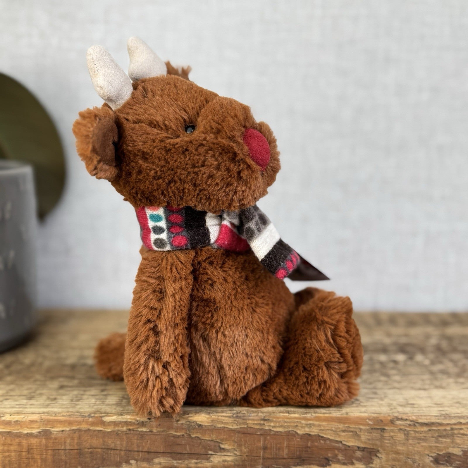 Jellycat Small Bashful Reindeer With Scarf - Red Nose Reindeer Beanie Plush 8”