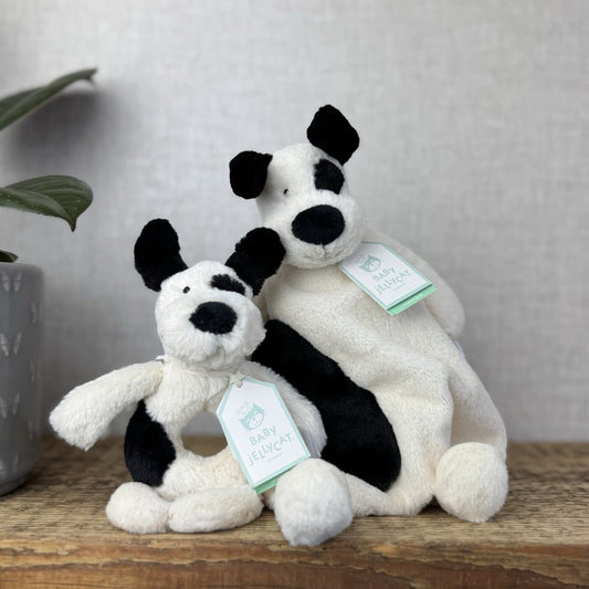 Jellycat Bashful Black & Cream Puppy Comforter & Ring Rattle Gift Set - New Baby