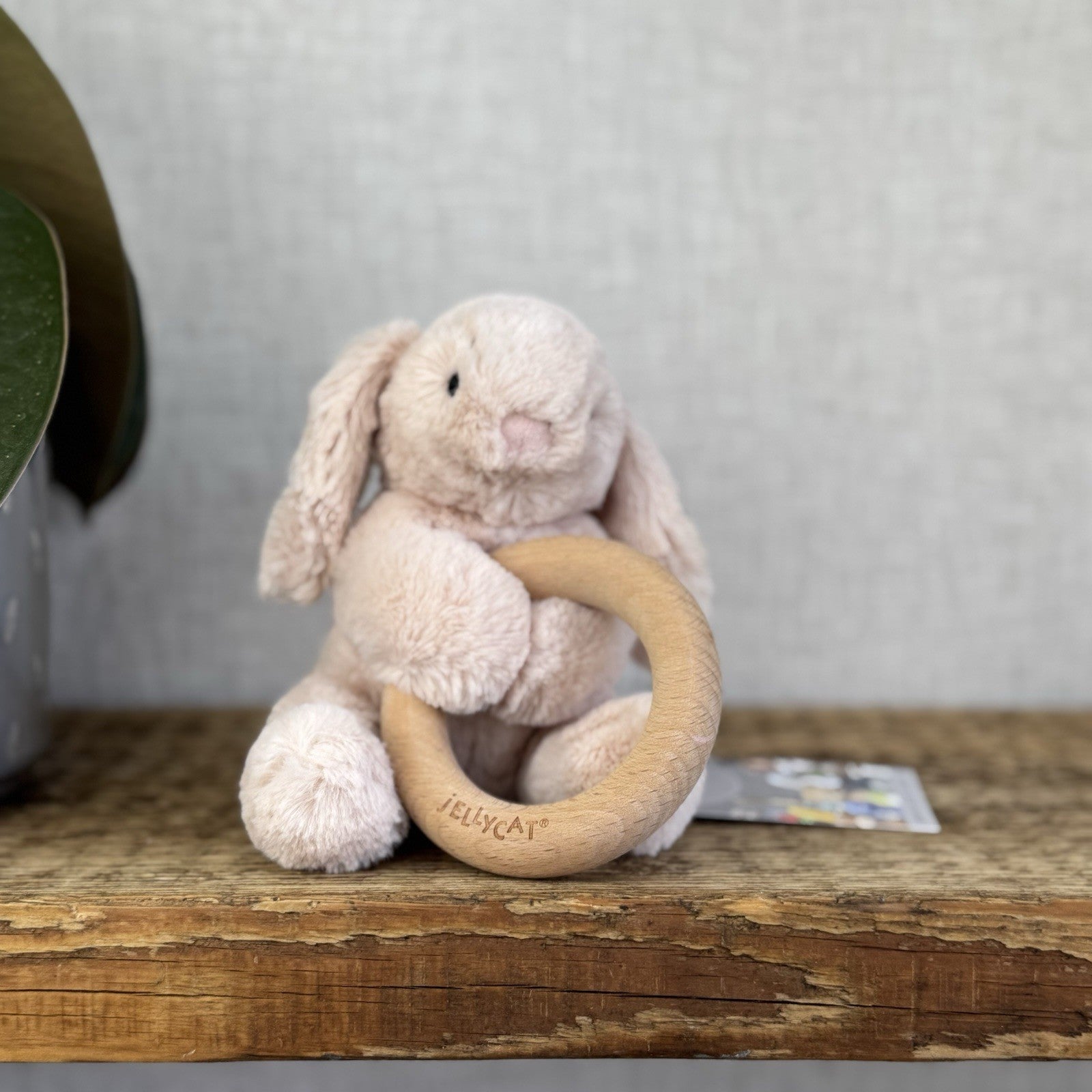 Jellycat Shooshu Bunny Beige Teething Ring - Smudge Bunny Teether Toy Rattle 5"