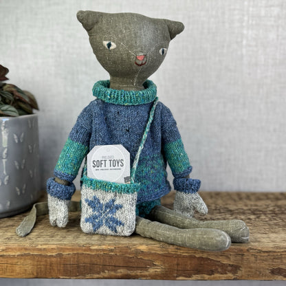 Maileg Medium Cat - Grey Retired Cat With Christmas Knitted Clothing - Rare 14"