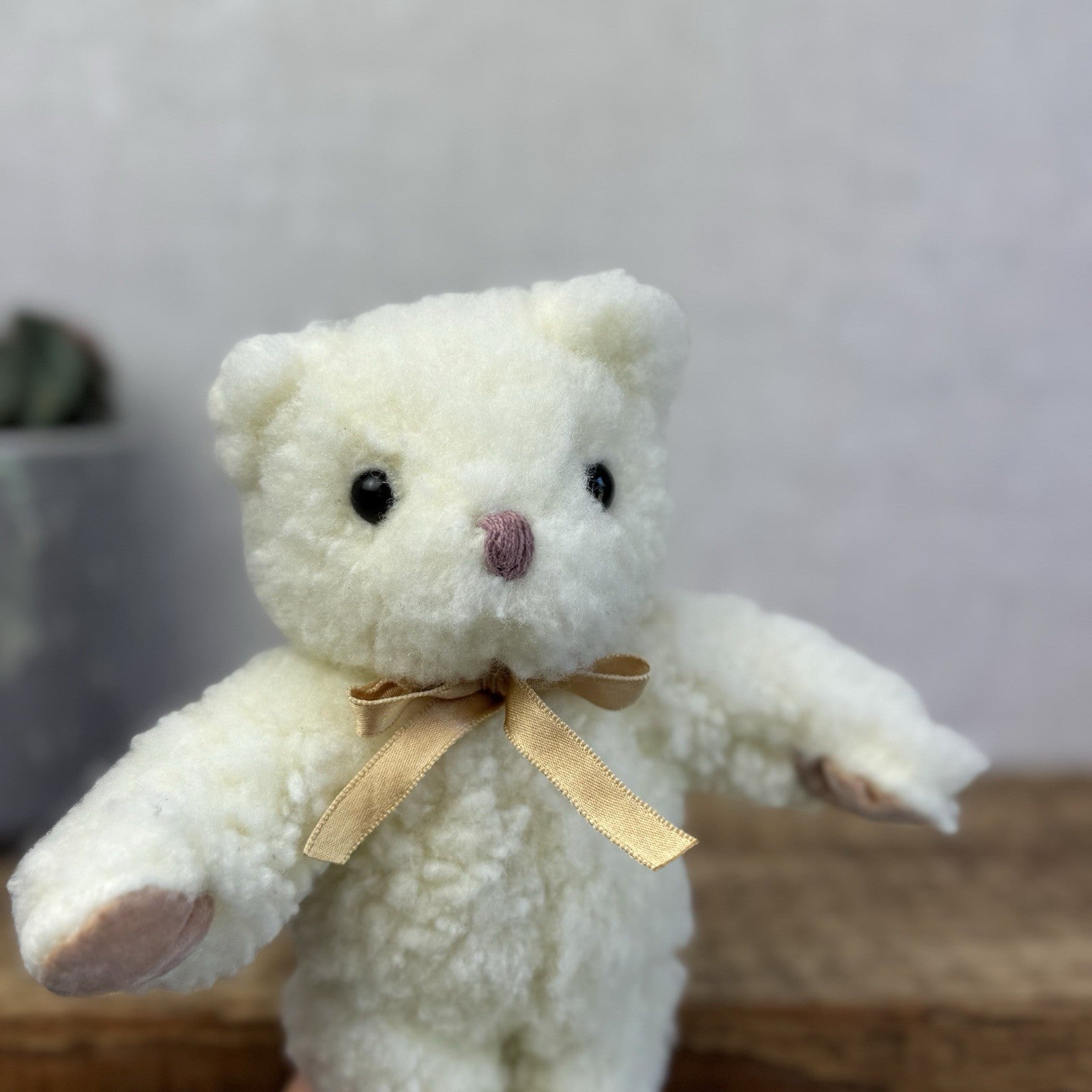 Vintage Mothercare Bear 1990 - Fleecy Off White Bear Gold Bow Suede Paws 8”