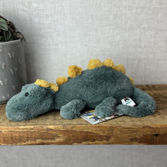 Jellycat Little Douglas Dino Dinosaur - Laying Green Dinosaur Plush Beanie 11”