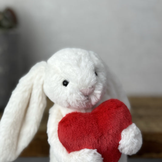 Jellycat Little Red Love Heart Bashful Bunny - Small White Bunny With Hear 8" 