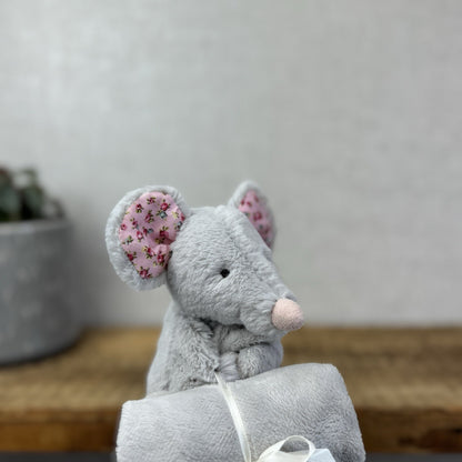 Jellycat Bashful Blossom Mouse Soother - Grey Mouse Comfort Blanket Pink Ears