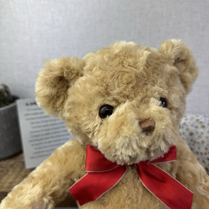 Traditional Bear Golden Beanie Red Bow- Christmas Gift Soft Toy Wrapped & Ready