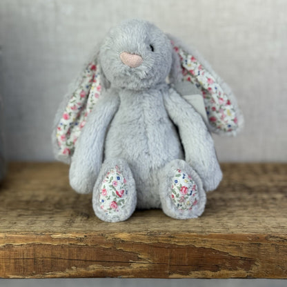 Jellycat Small Silver Blossom Bunny - Grey Bunny Blossom Ears White Tail 8”