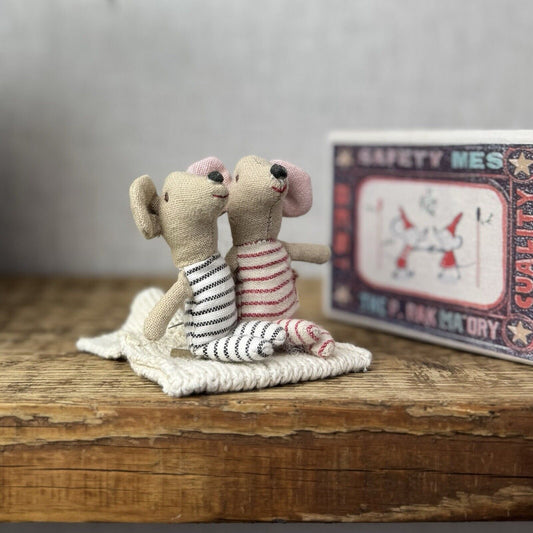 Maileg Newborn Twin Mice In Matchbox Rare & Retired - Red Mouth Painted Nose