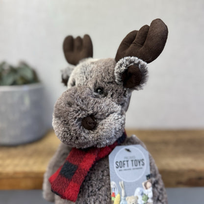 Jellycat Medium Bashful Moose With Scarf - Check Red/Black Scarf Woodland Moose