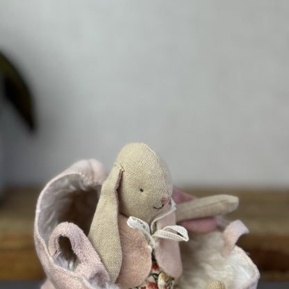 Maileg Baby Rabbit Bunny With Fluffy Pink Carrycot - Retired Rare Pristine Mini