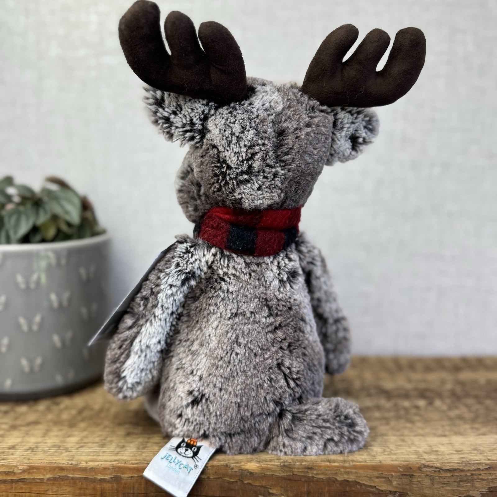 Jellycat Medium Bashful Moose With Scarf - Check Red/Black Scarf Woodland Moose