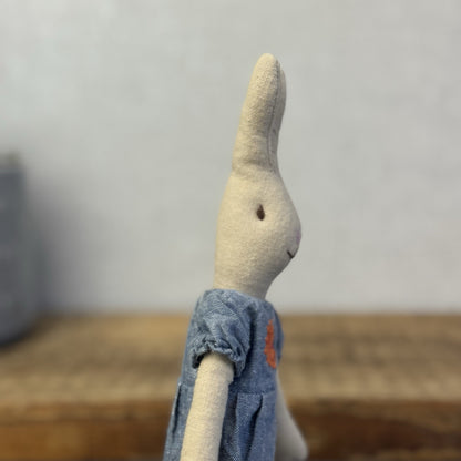 Maileg Small Rabbit Denim Dress Floral Detail - Older Style Bunny Retired 2010