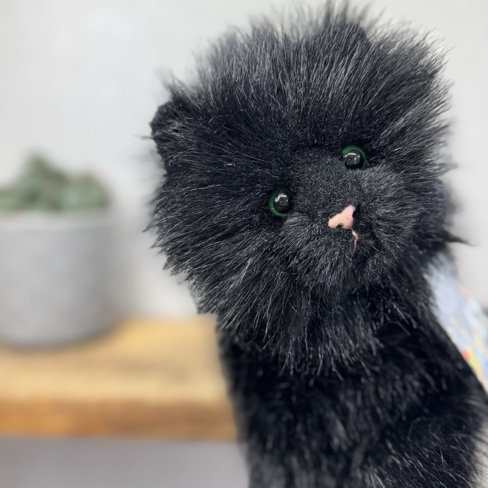 Russ All Black Fluffy Cat Sassy - Green Eyes Realistic Black Cat Plush Rare 15”