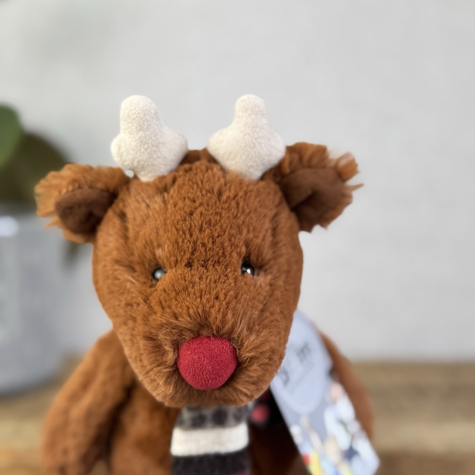 Jellycat Small Bashful Reindeer With Scarf - Red Nose Reindeer Beanie Plush 8”