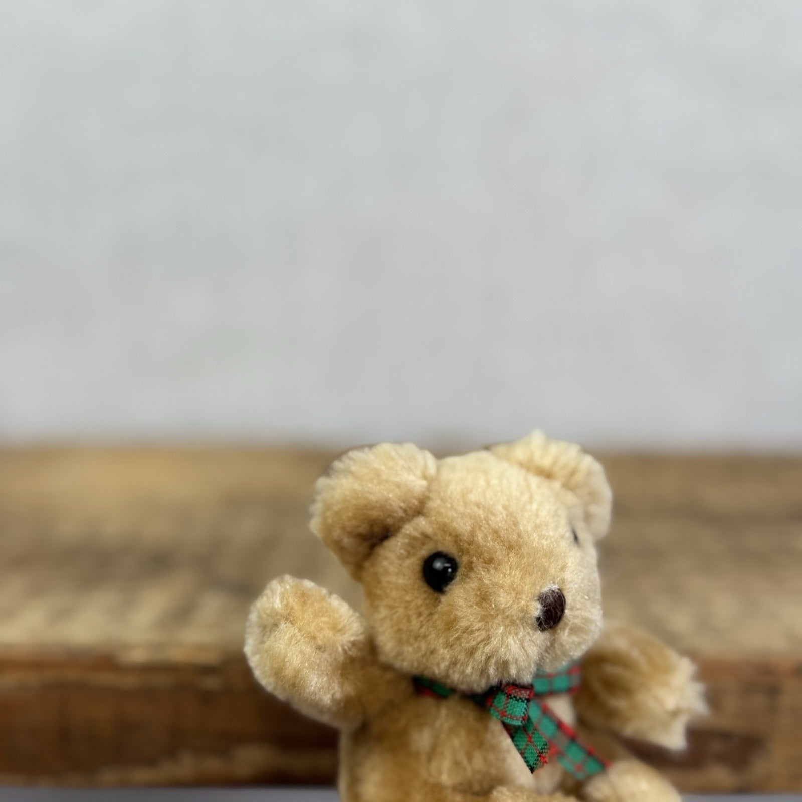 Russ Vintage Miniature Teddy Bear Tartan Bow - Tiny 3" Soft Toy Brown Bear Rare