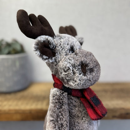 Jellycat Medium Bashful Moose With Scarf - Check Red/Black Scarf Woodland Moose