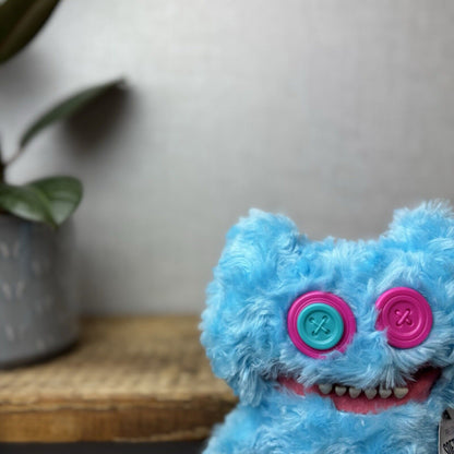 Fuggler Blue Stinkface - Blue Curly Fur Snuggly Funny Fuggler Button Eyes