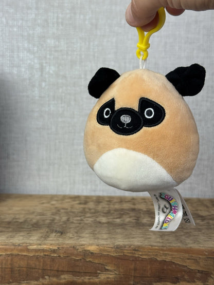 Squishmallow Keyring Clip Bagcharm - Prince Pug Clip Pug Squish Soft Toy 4"