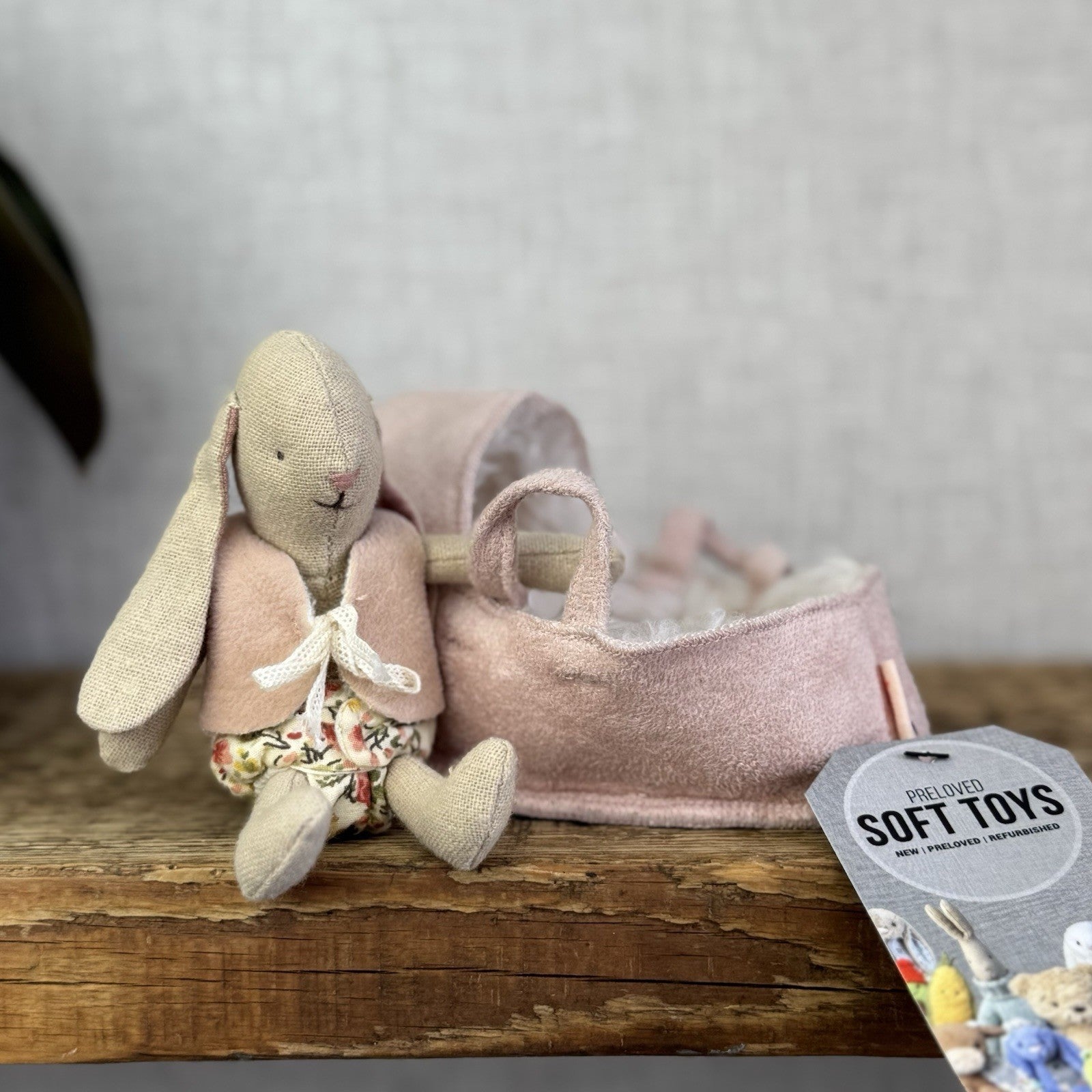 Maileg Baby Rabbit Bunny With Fluffy Pink Carrycot - Retired Rare Pristine Mini