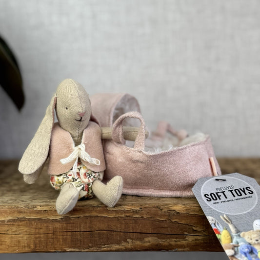 Maileg Baby Rabbit Bunny With Fluffy Pink Carrycot - Retired Rare Pristine Mini