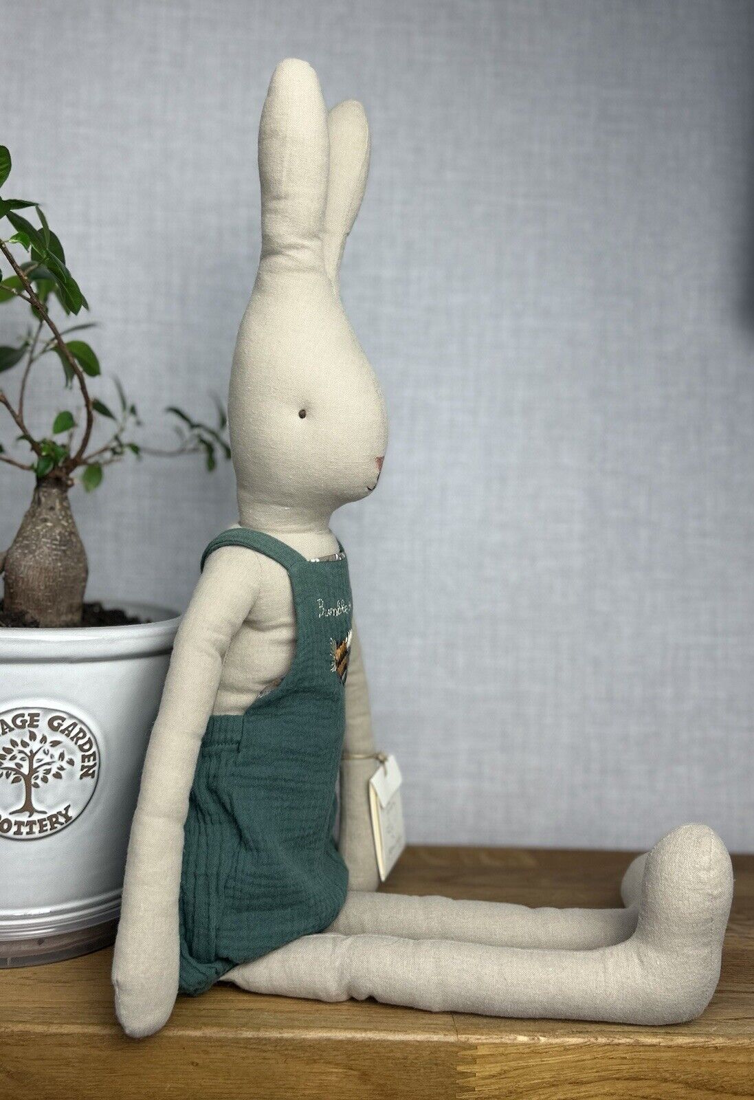 Maileg Size 5 Rabbit In Overalls - Large Bunny Rabbit Green Bee Romper/overalls