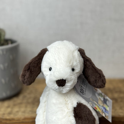 Jellycat Small Puffles Dog -Super Soft White & Brown Retired Puppy Beanie 8”