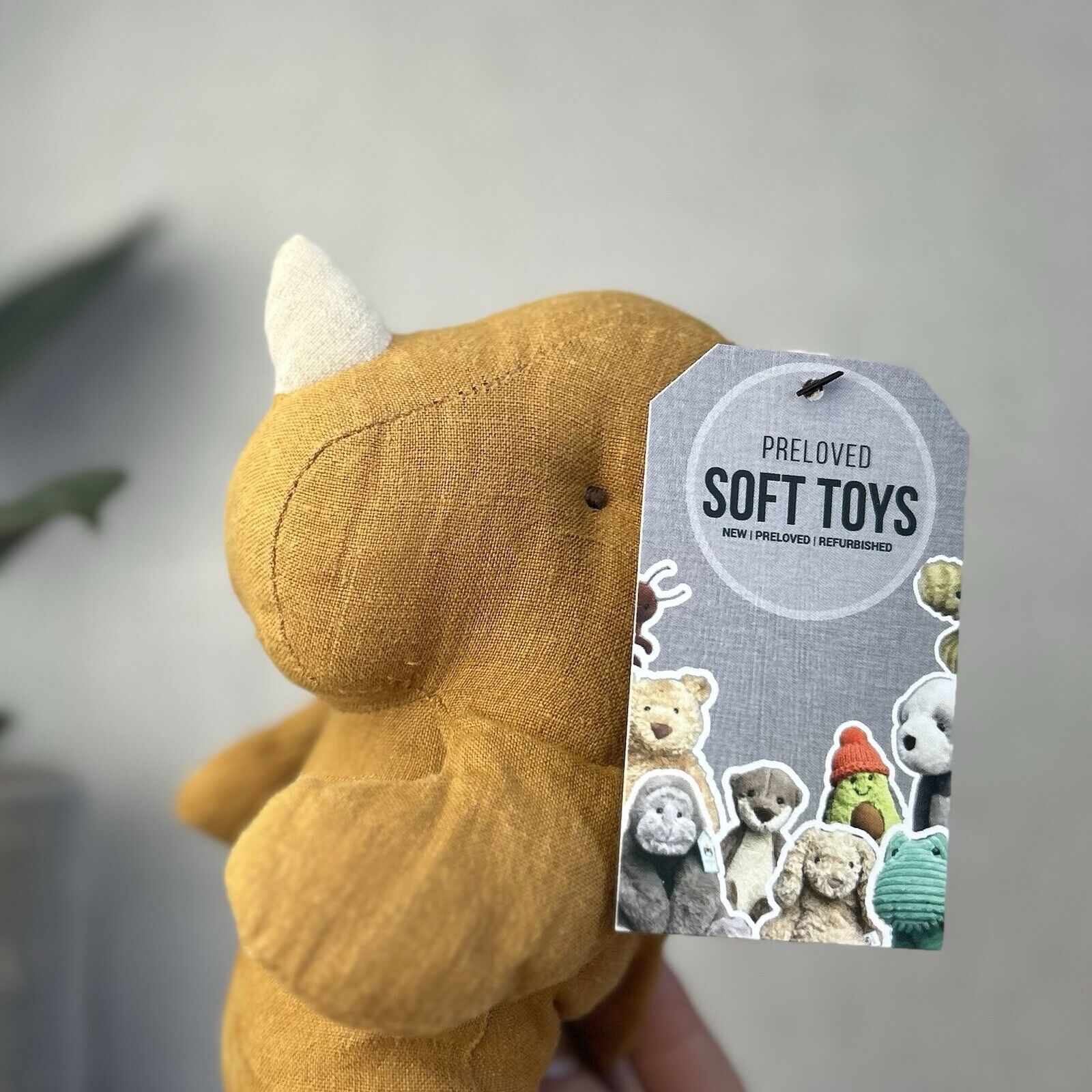 Maileg Rhino Safari Friends - Small Mustard/ochre Rhino Linen Soft Toy Beanie 8"