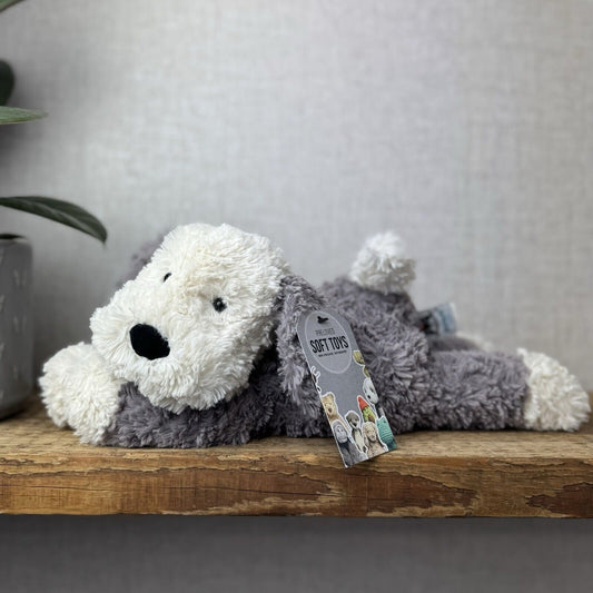 Jellycat Tumblie Sheepdog Grey & White Puppy Dog Soft Toy Plush - Laying Dog 12"
