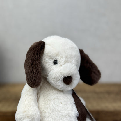 Jellycat Small Puffles Dog -Super Soft White & Brown Retired Puppy Beanie 8”