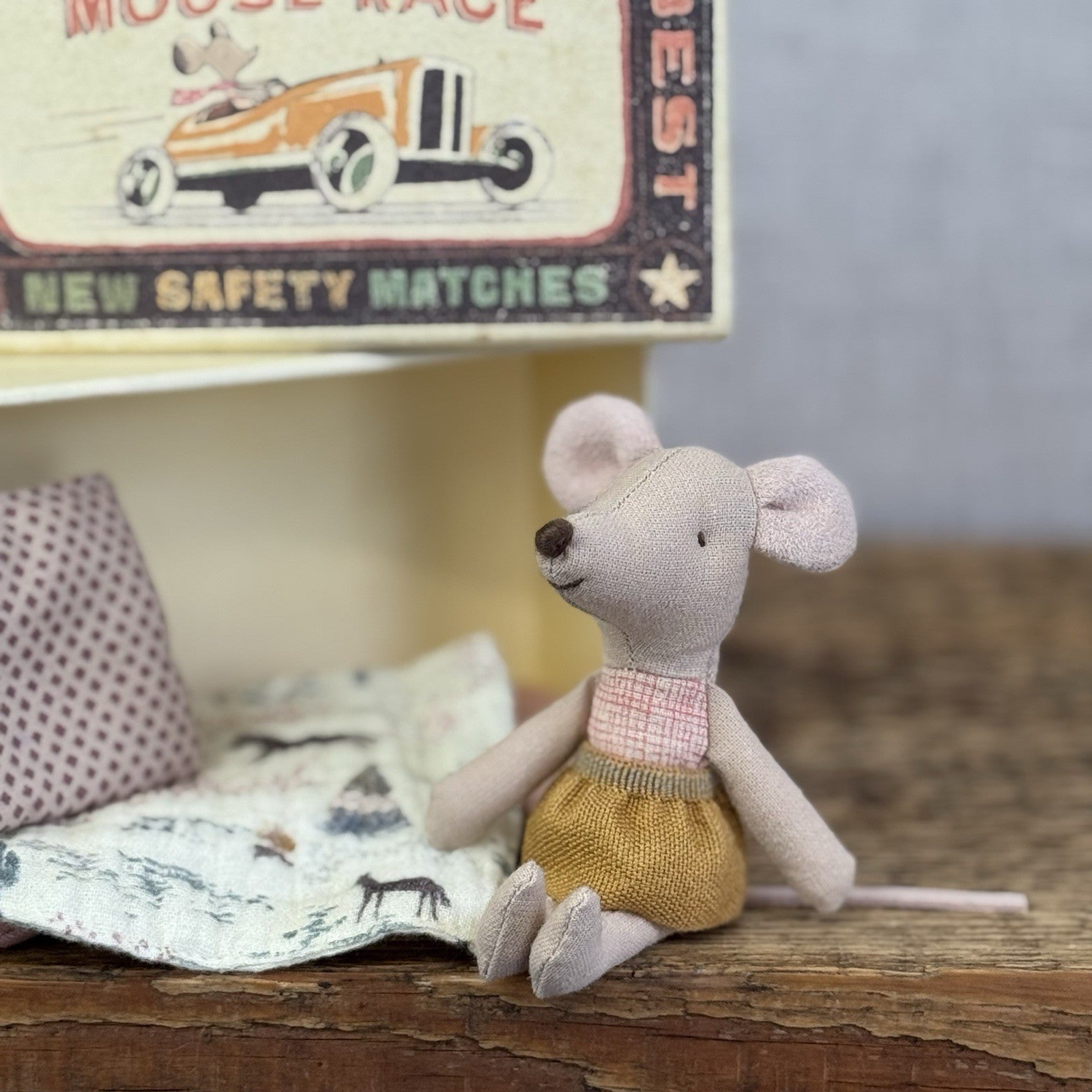 Maileg Little Sister - Red Check Bodice, Yellow Skirt, Miniature Maileg Mouse