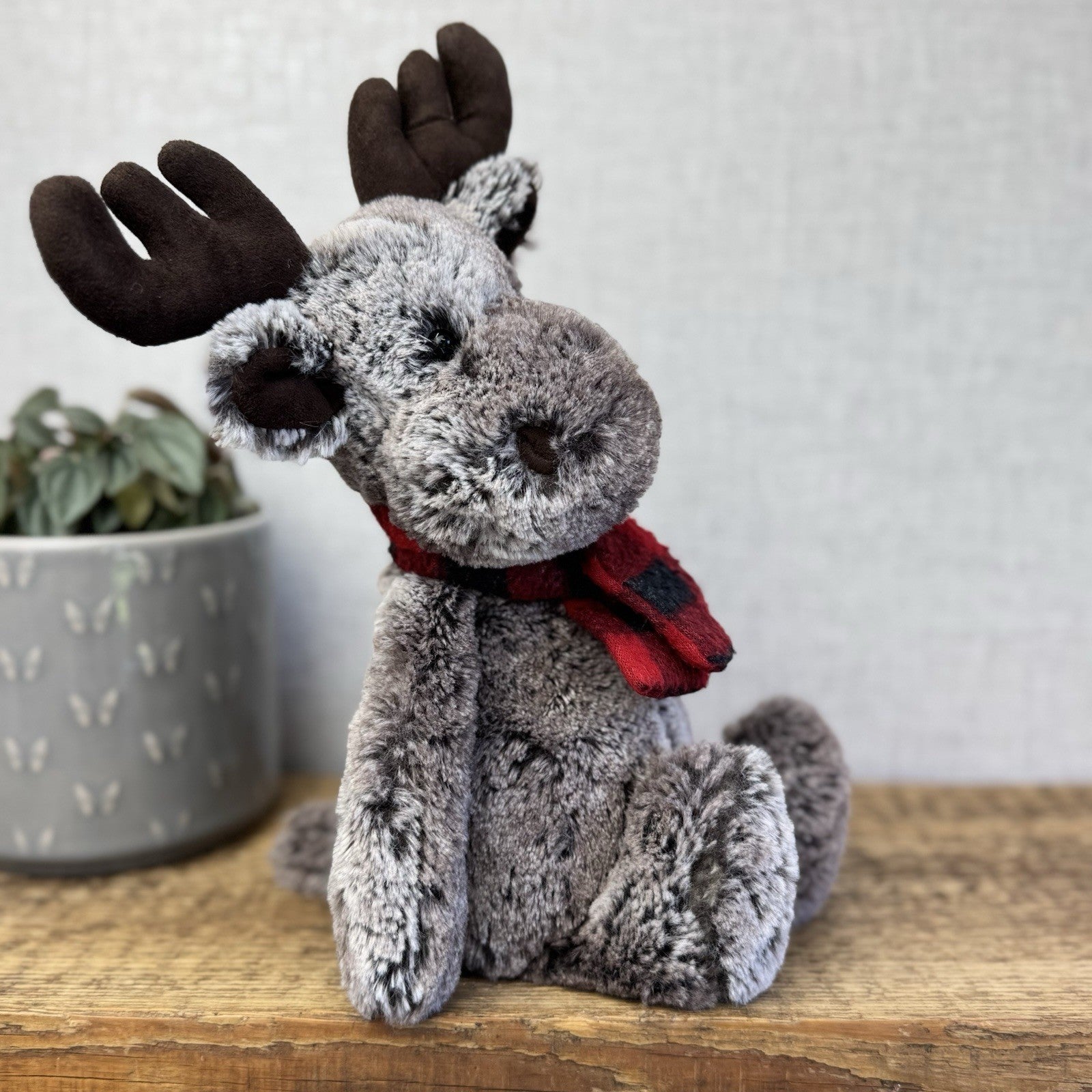Jellycat Medium Bashful Moose With Scarf - Check Red/Black Scarf Woodland Moose