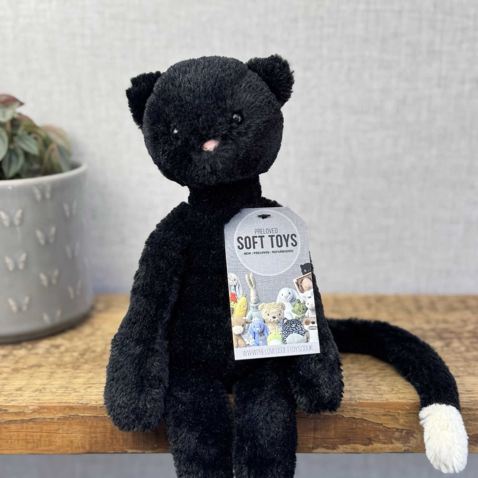 Jellycat Pitterpat Black Cat - Long Leg Kitten All Black - White Tail Tip 15"