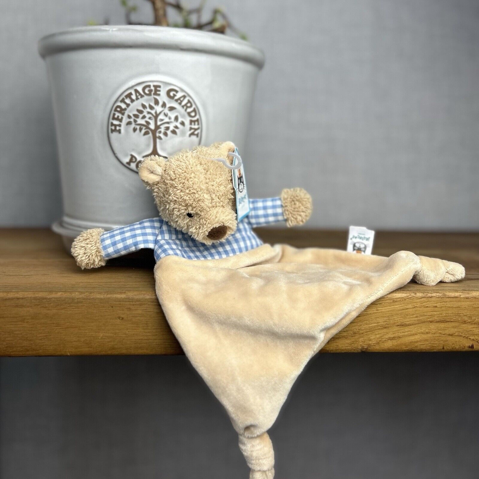 Jellycat Thomas Bear Soother Comforter Baby Soft Toy Beige Blue Gingham Plush
