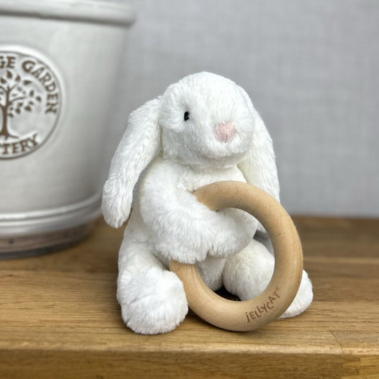 Jellycat Shooshu White Rabbit Ring - Rattle Toy - Smudge Teether 5” Retired