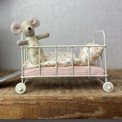 Maileg Micro Cot Bed Pink - Small Pink Cot Bed Floral Bedding & Baby Mouse