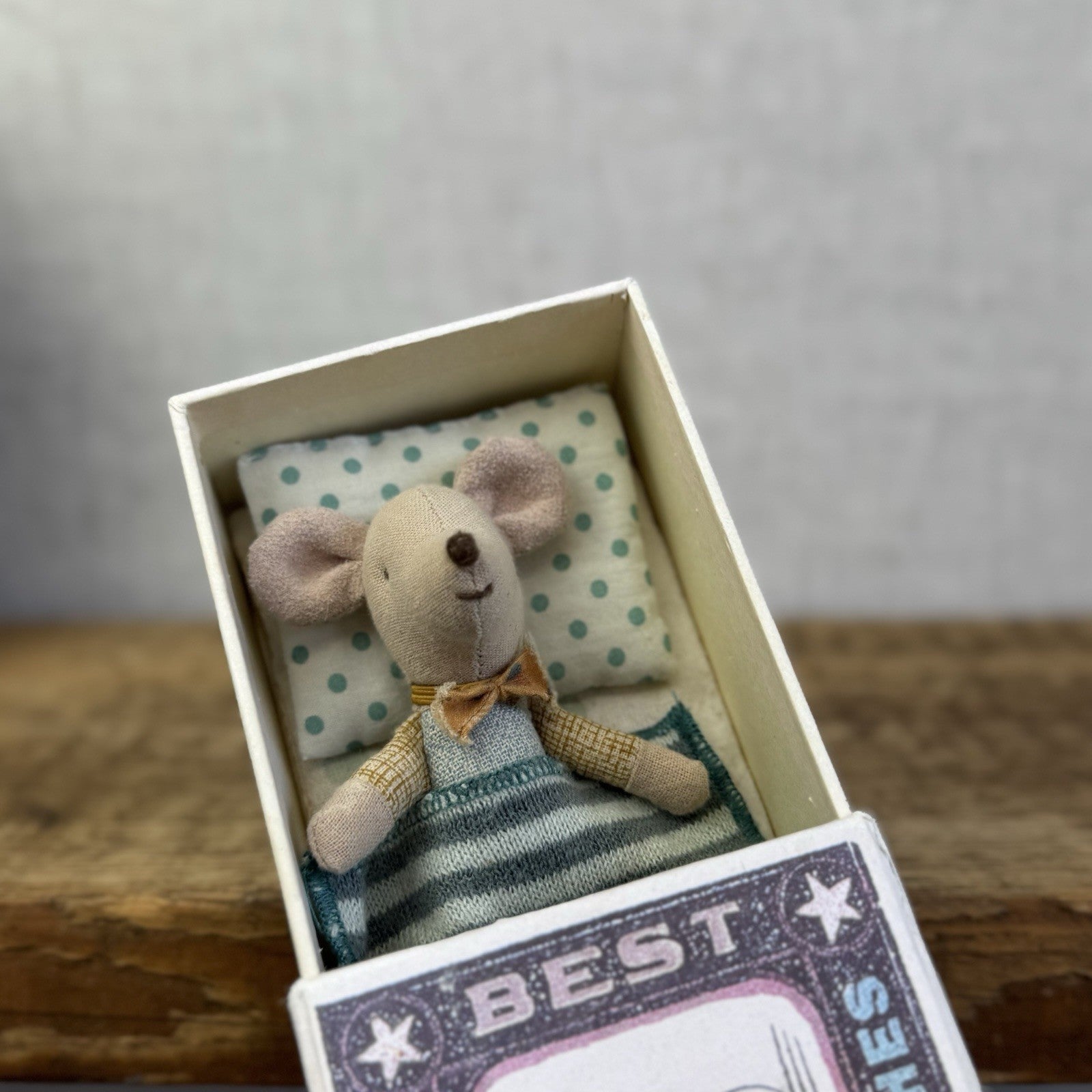 Maileg Little Brother In Matchbox - Retired 2019 - Little Brother With Bow & Bed