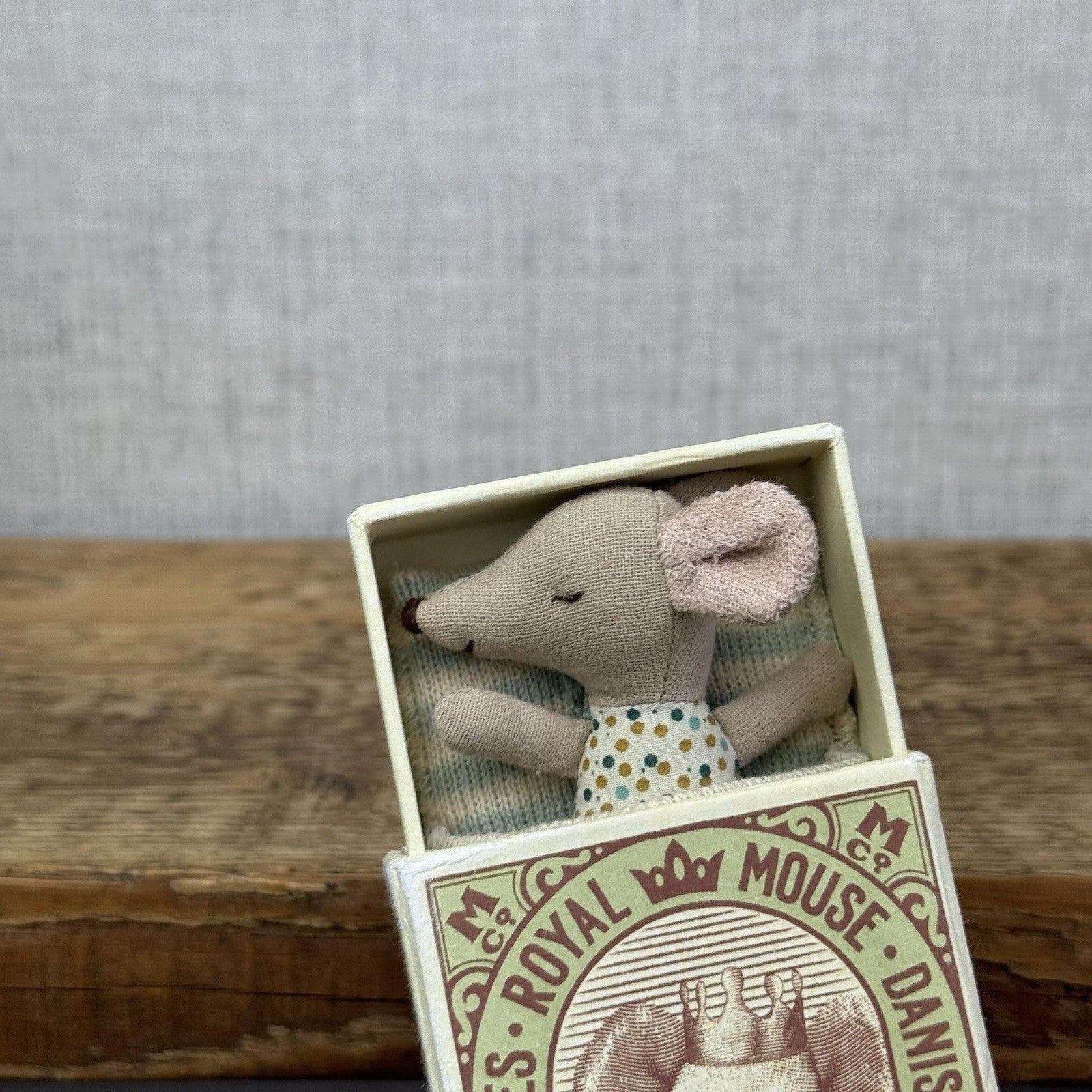 Maileg Sleepy/Wakey Baby Mouse In Matchbox Blue