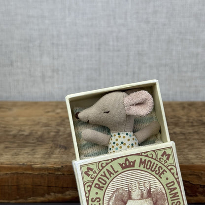 Maileg Sleepy/Wakey Baby Mouse In Matchbox Blue