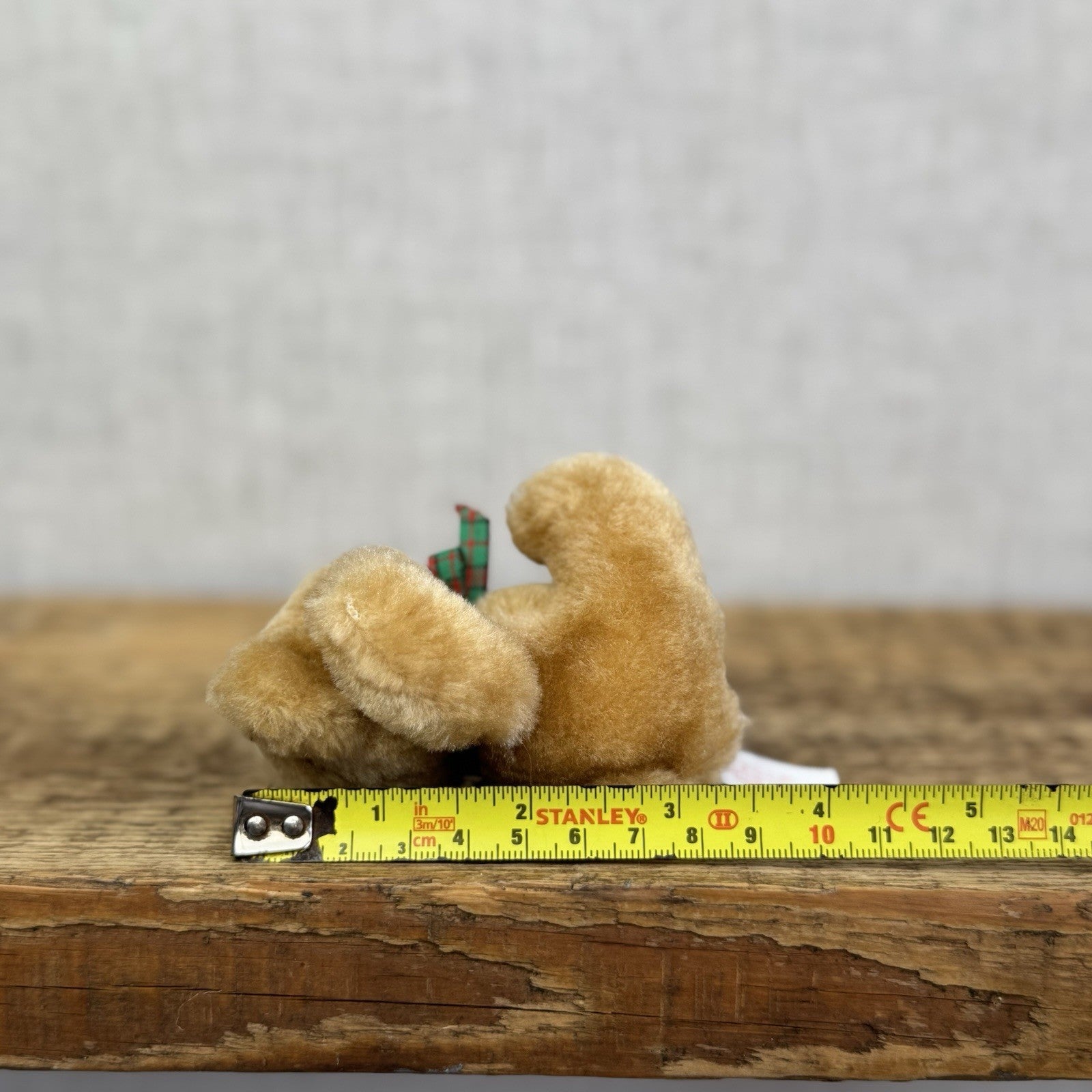 Russ Vintage Miniature Teddy Bear Tartan Bow - Tiny 3" Soft Toy Brown Bear Rare