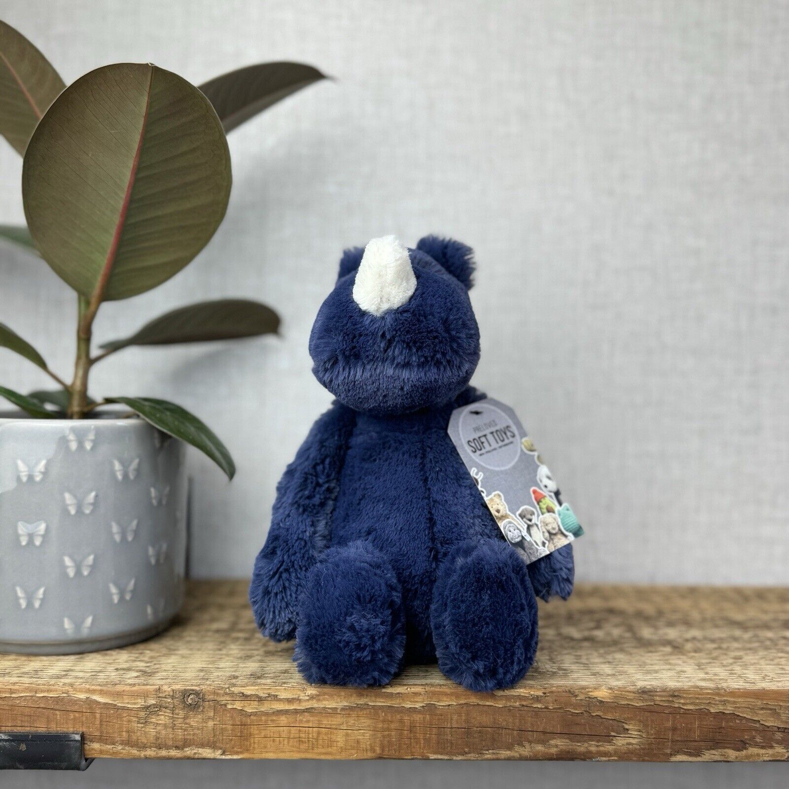 Jellycat Medium Navy Bashful Rhino - Medium Rhino Dark Blue Sitting Beanie Plush