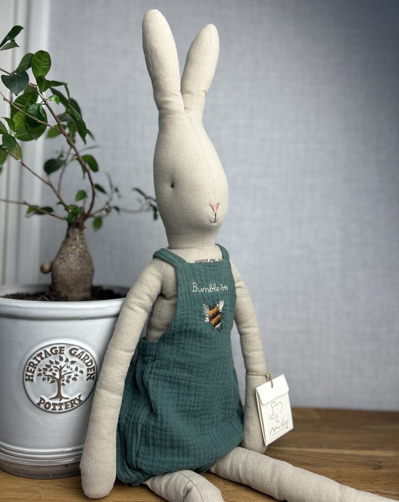 Maileg Size 5 Rabbit In Overalls - Large Bunny Rabbit Green Bee Romper/overalls